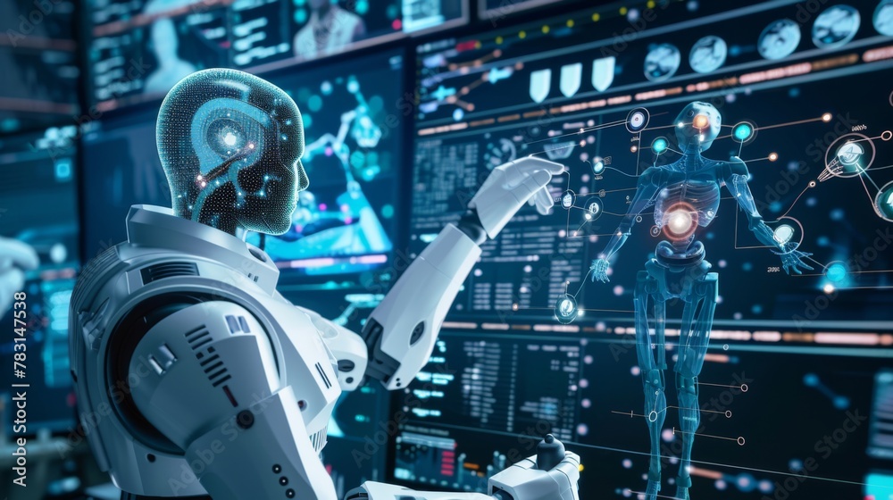 Poster advanced robot analyzing holographic data interface in lab