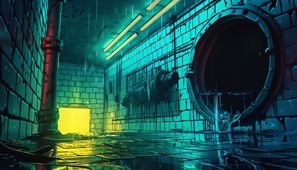 A dark and grungy sewer with graffiti on the walls and water on the ground.