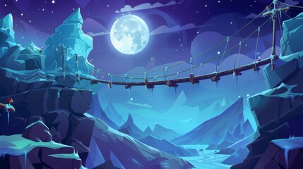 Under moonlight, a rope bridgework interconnects steep rocky edges on the mountain. Beautiful nature scene, cartoon modern illustration.