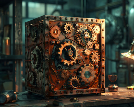 Intricate puzzle box, gears and cogs, unlocking a forbidden chamber filled with cryptic symbols 3D Render, Spotlight, Chromatic Aberration