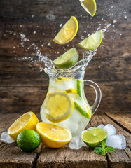 Lemon and lime wedges and slices falling into pitcher filled with ice water