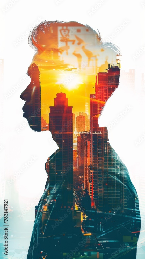 Aufkleber a double exposure showcasing a mans face superimposed with a city skyline in the background. the ble