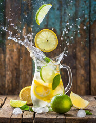 Lemon and lime wedges and slices falling into pitcher filled with ice water