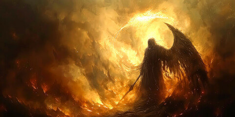 illustration of a fierce male demonic angel of death, holding a large scythe