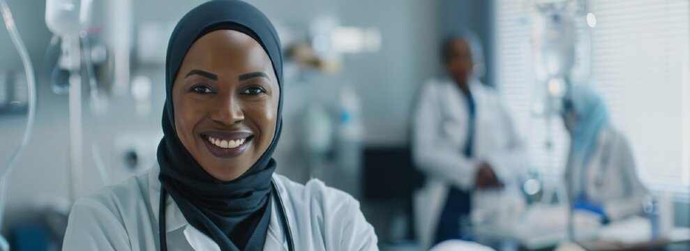 Portrait smiling muslim Female Doctor in Hijab on a  hospital background.  International Labor Day, Workers Day concept. banner, poster, flyer.