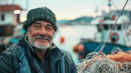 Elderly fisherman with nets at the harbor during twilight.