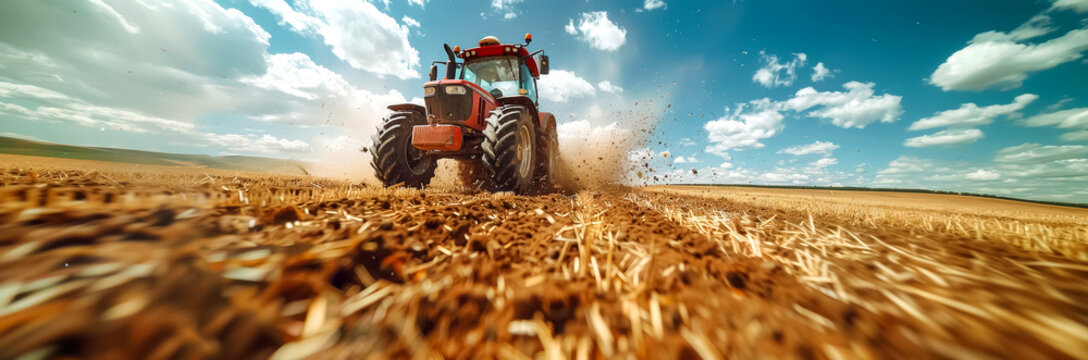 Tractor preparing land in a field, agriculture machinery and farming equipment concept background with copy space