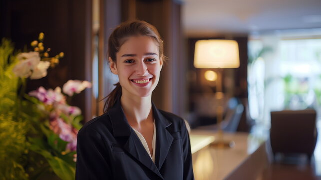 Welcoming young receptionist at a luxury hotel.