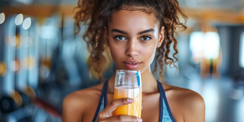 Athletic Fit young woman in gym drinking protein cocktail. girl in sportswear holding a shaker with...