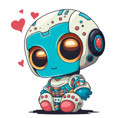 Colorful illustration of a cartoon robot in love with hearts.