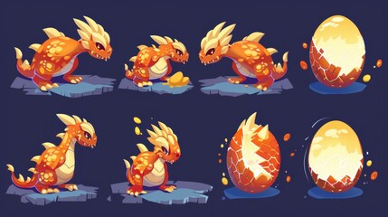 Obraz premium The golden dragon egg in different stages of breaking and revealing a baby. Modern cartoon animation sprite sheet with the arrival of a magic animal, bird, or reptile from the golden egg.