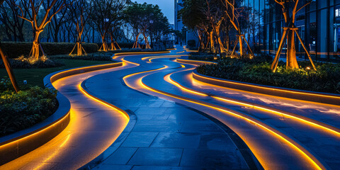 modern floor lighting pattern at public plaza, LED curved flow pattern on a dark night