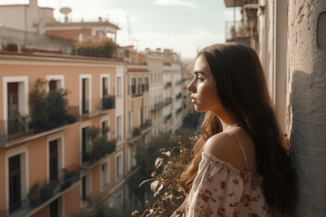 Fototapeta premium A woman stands on a balcony looking out over a city. She is wearing a floral dress and has long hair