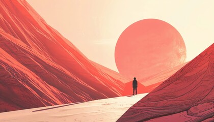 A lone figure stands on a barren alien landscape, silhouetted against a setting sun.