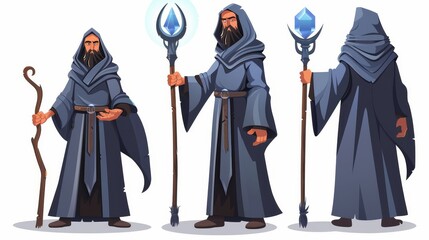 Imaginary wizard with magic staff and broom in medieval cloak and hood. Modern illustration of a sorcerer character as well as a warlock with wooden stick with crystal and broom. - obrazy, fototapety, plakaty
