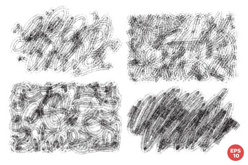Vector set of hand drawn textured chaotic brush strokes, stains for backdrops or overlays. Monochrome design elements set. One color monochrome artistic hand drawn backgrounds.