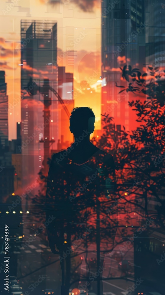 Fototapete a man is standing in front of a city skyline with a sunset in the background. the image is a collage