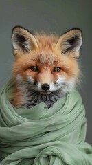 A sweet little fox cub wrapped in pastel green fabric.