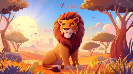 African lion seated on a natural landscape background with trees and the sun shining on him. Safari, outdoor zoo park with predator, powerful leo cartoon illustration illustration. Lion sitting on - obrazy, fototapety, plakaty