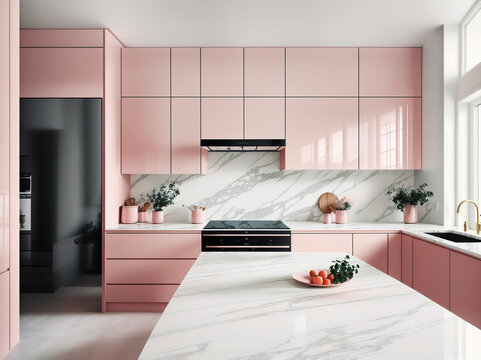A pink kitchen with a marble countertop and white cabinets.