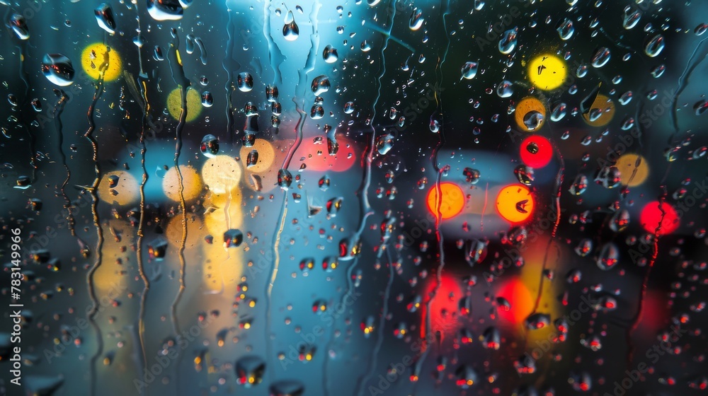 Poster A rain covered window with traffic lights glowing in the background, showcasing the urban environment during a rainy day. The droplets of rain obscure the view outside, creating a moody atmosphere.