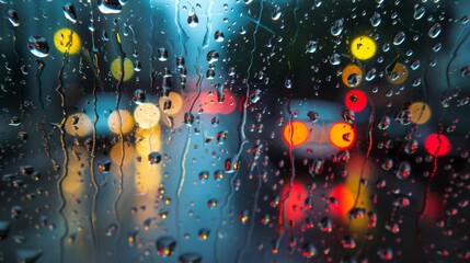 A rain covered window with traffic lights glowing in the background, showcasing the urban environment during a rainy day. The droplets of rain obscure the view outside, creating a moody atmosphere.