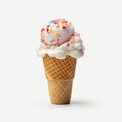 Melting white ice cream with colored sprinkles in a waffle cone on a white background