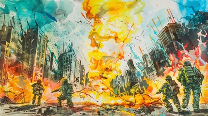 Soldiers on the Brink: A Watercolor Depiction of Urban Destruction and Defiance