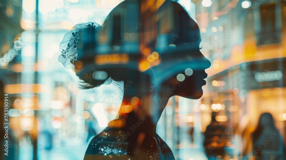Poster A silhouette of a womans profile is visible through a window, creating a striking contrast against the outside light. The outlines of her features are subtly highlighted by the frame of the window.