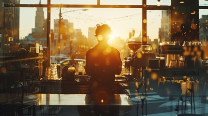 A man sits at a counter in a coffee shop, looking out the window at the city. The sun is setting, casting a warm glow over the scene. The atmosphere is relaxed and peaceful
