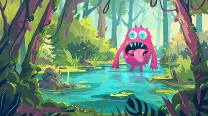 Monster in green swamp in forest. Modern illustration of magic woods landscape with lake and pink alien with forked tongue and big eyes in fantasy landscape.