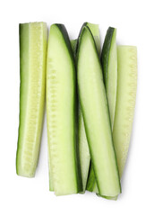 Pieces of fresh cucumber isolated on white, top view