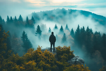 A person standing on top of a mountain in the fog. - obrazy, fototapety, plakaty
