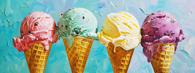 Ice cream. Various of ice cream in cones. Sweet background	
