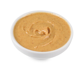 Delicious nut butter in bowl isolated on white