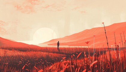 lonely man standing in a field of wheat at sunset - obrazy, fototapety, plakaty