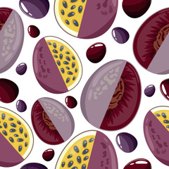 Easter seamless pattern with decorated eggs with passion fruit, red peach and colorful eggs for holiday poster, textile or packaging	