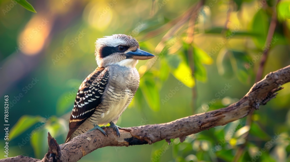 Poster a kookaburra bird is perched on a tree branch, showcasing its distinct features and observing its su