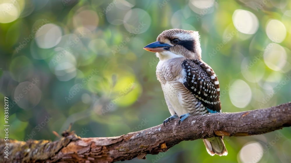 Poster A small bird known as a Kookaburra is perched on a tree branch, showcasing its distinct features. The bird appears to be observing its surroundings while staying balanced on the sturdy branch.