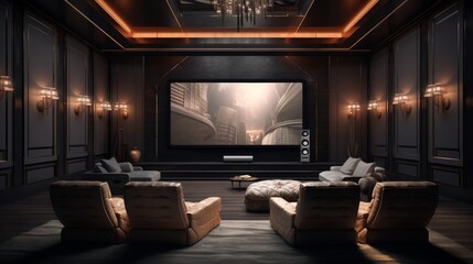 Generative AI Lavish theater room with plush seating and a large screen for movie nights.