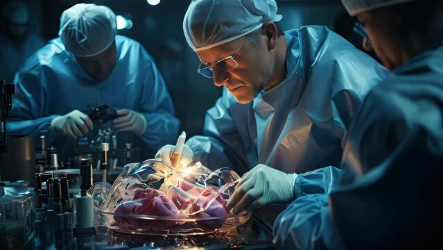 Doctor cardiac surgeon doing heart replacement surgery, artificial heart implant, concept medicine healthcare and caring for sick patients