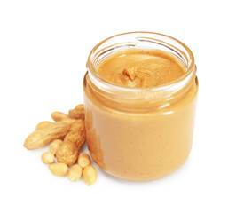 Tasty nut paste in jar and peanuts isolated on white