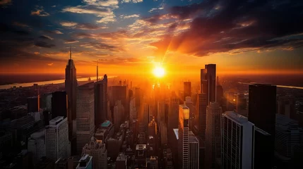 Poster skyscrapers sun rising over earth © vectorwin