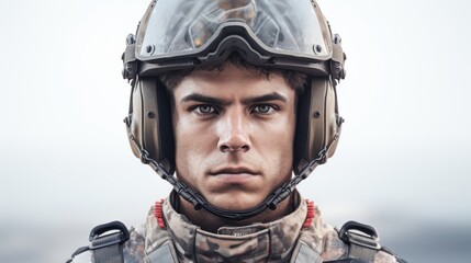 Generative AI military man in helmet portrait
