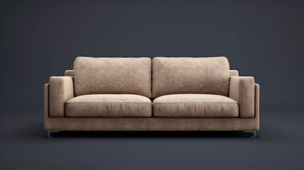 Beige sofa in Italian style with textile upholstery, straight back, on a dark background.