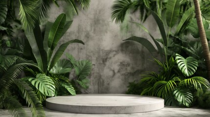 An empty podium with a background of tropical plants and palm trees, a platform for product demonstrations.  A stage showcase.