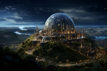 Planetarium on a beautiful hill with many star on the sky  - obrazy, fototapety, plakaty