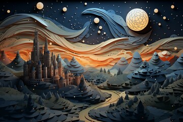 Castle on a beautiful hill with many star on the sky, paper cut out effect 