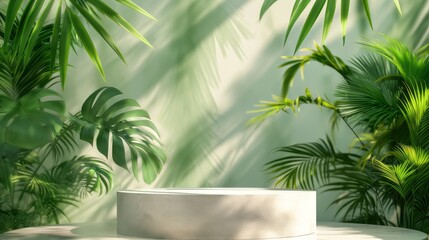 An empty podium on a background of tropical green plants and a palm tree. A platform for product demonstrations.  A stage showcase.