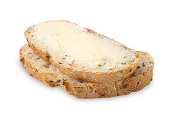 Slices of tasty bread with butter isolated on white